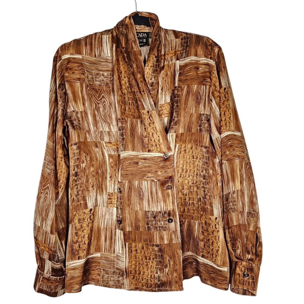 VTG Escada Top Womens 36 Brown Snakeskin Wood Patchwork Silk Flowy Quiet Luxury